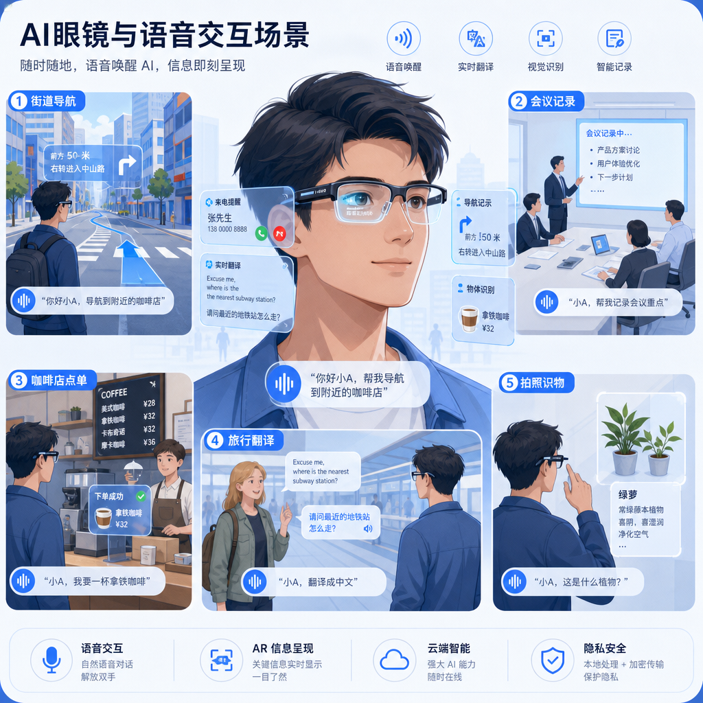 AI 眼镜与语音交互场景示意图