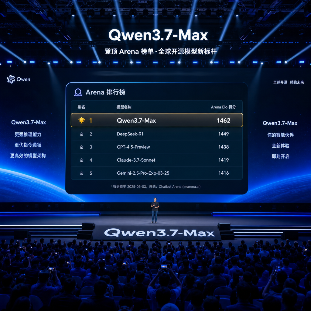 Qwen3.7-Max 发布会现场,大屏展示 Arena 榜单排名