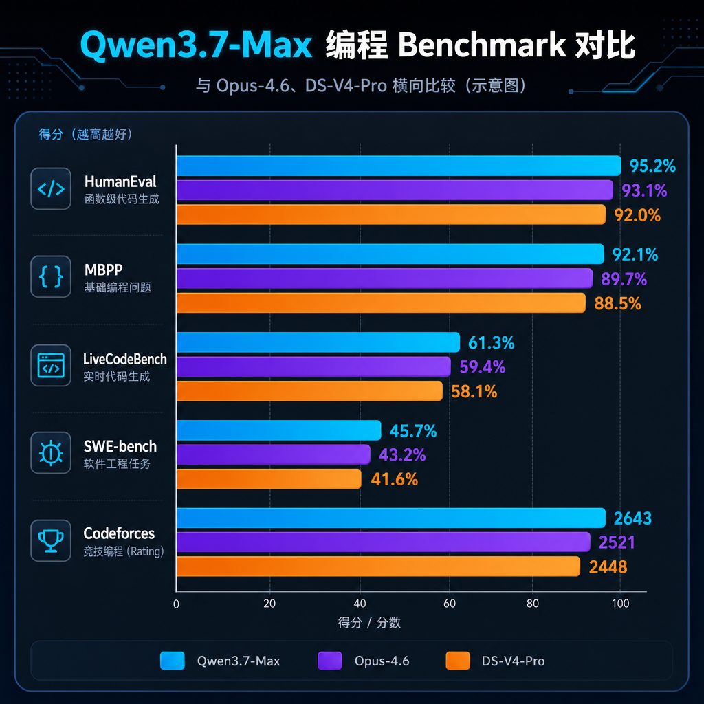Qwen3.7-Max 编程 benchmark 对比图,与 Opus-4.6、DS-V4-Pro 横向比较