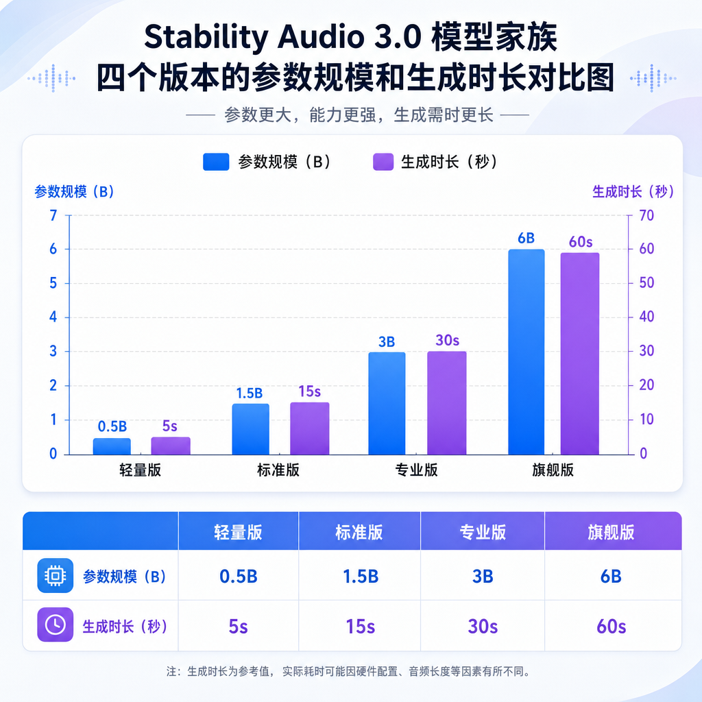 Stability Audio 3.0 模型家族四个版本的参数规模和生成时长对比图