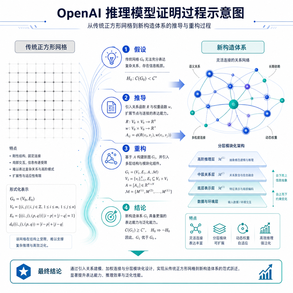 OpenAI 推理模型证明过程示意图,展示从传统正方形网格到新构造体系的转变