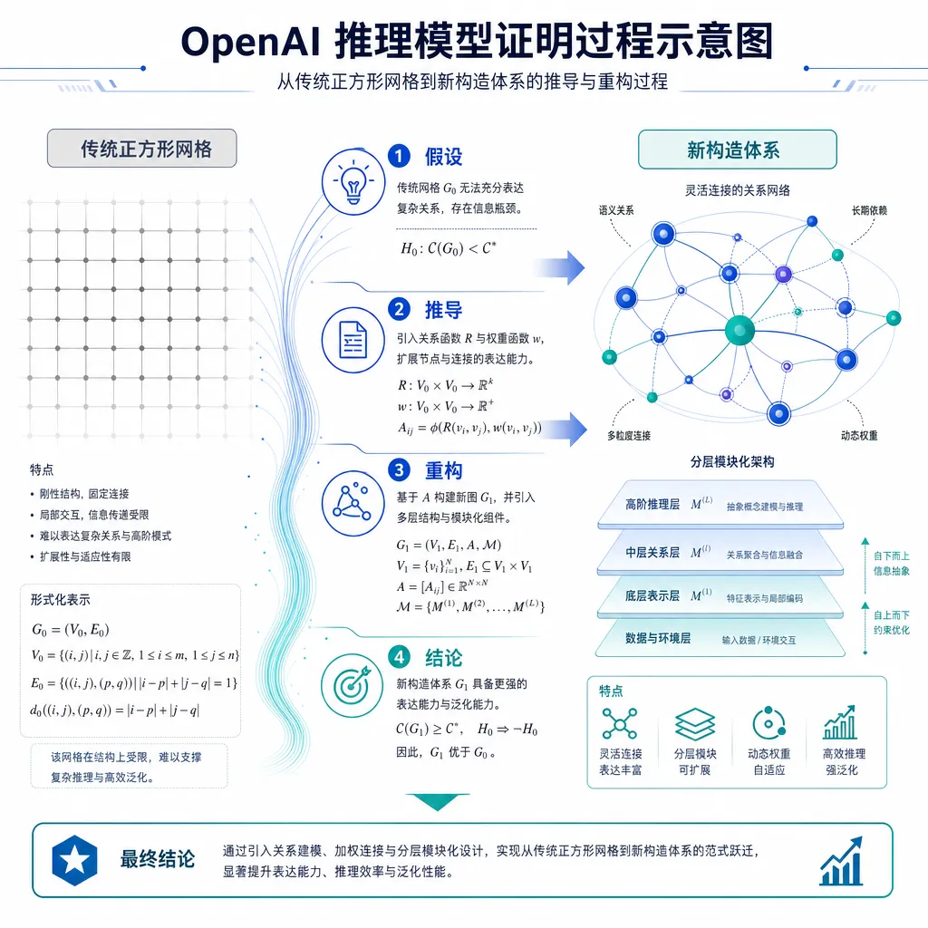 OpenAI 推理模型证明过程示意图,展示从传统正方形网格到新构造体系的转变