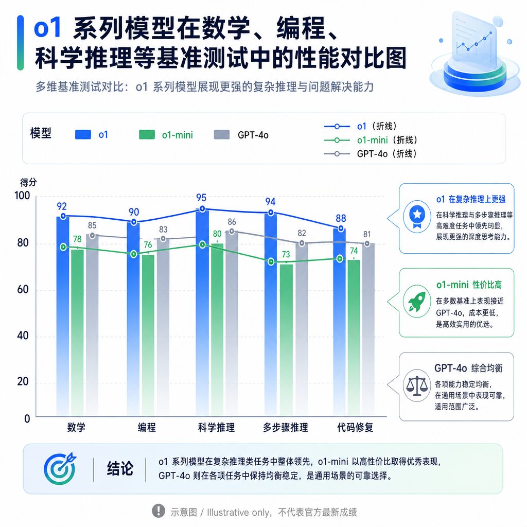 o1 系列模型在数学、编程、科学推理等基准测试中的性能对比图