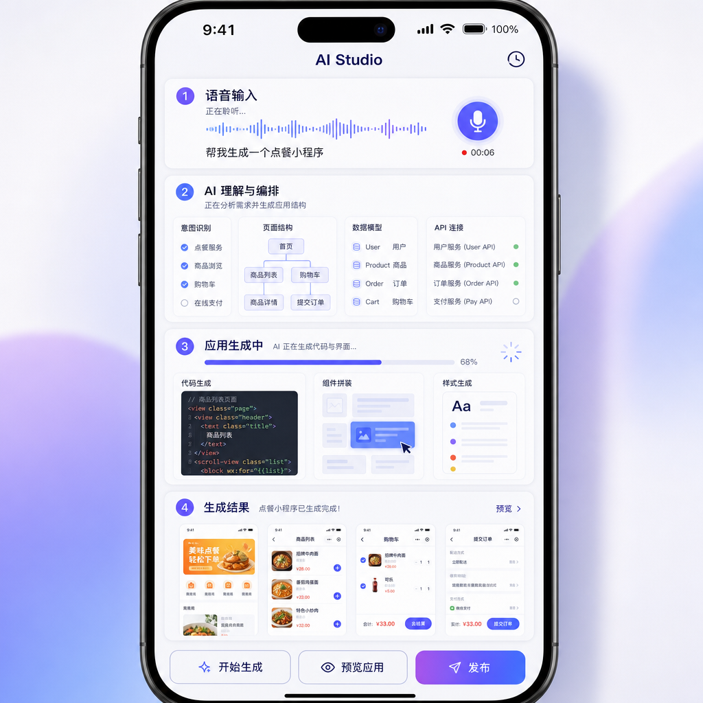 AI Studio 移动端界面截图,展示从语音输入到应用生成的完整流程
