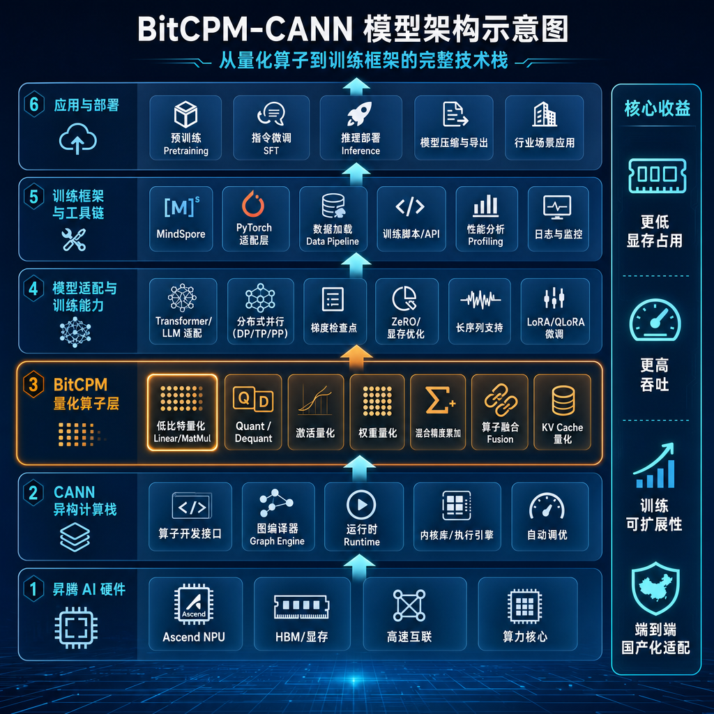 BitCPM-CANN 模型架构示意图,展示从量化算子到训练框架的完整技术栈
