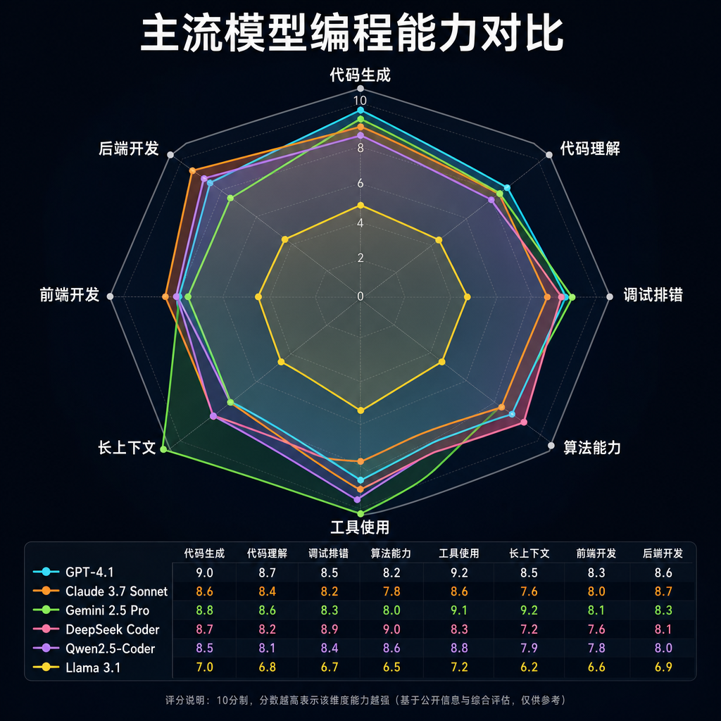 主流模型编程能力对比雷达图