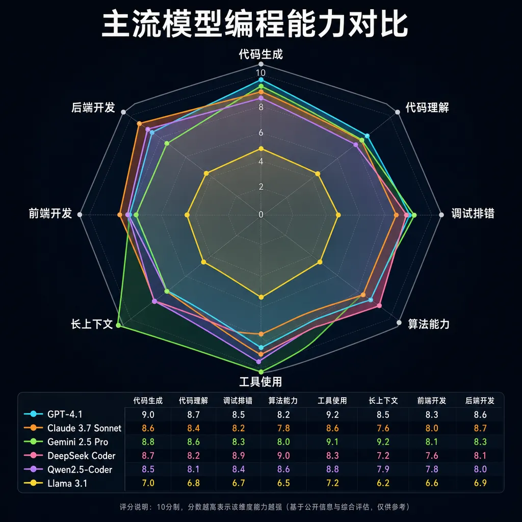 主流模型编程能力对比雷达图