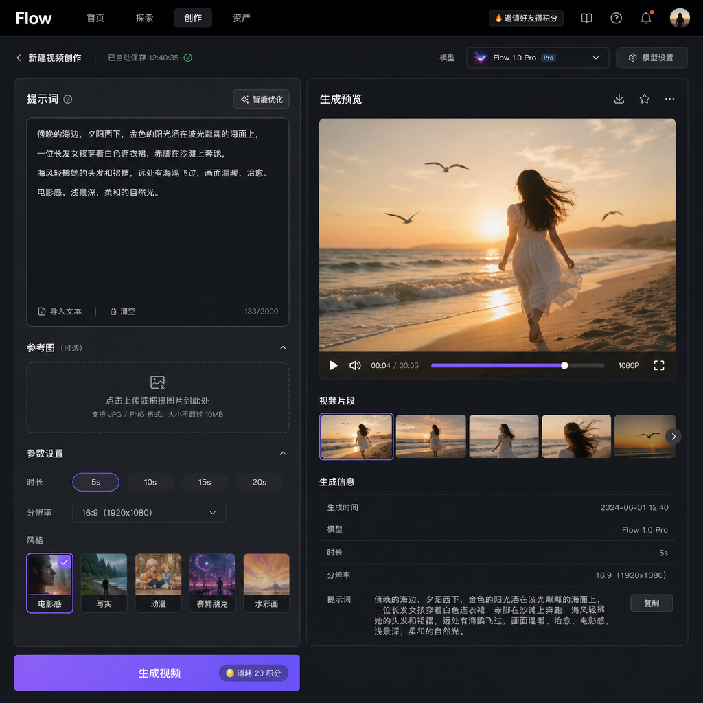 Flow 界面截图,展示文本输入框和生成的视频预览