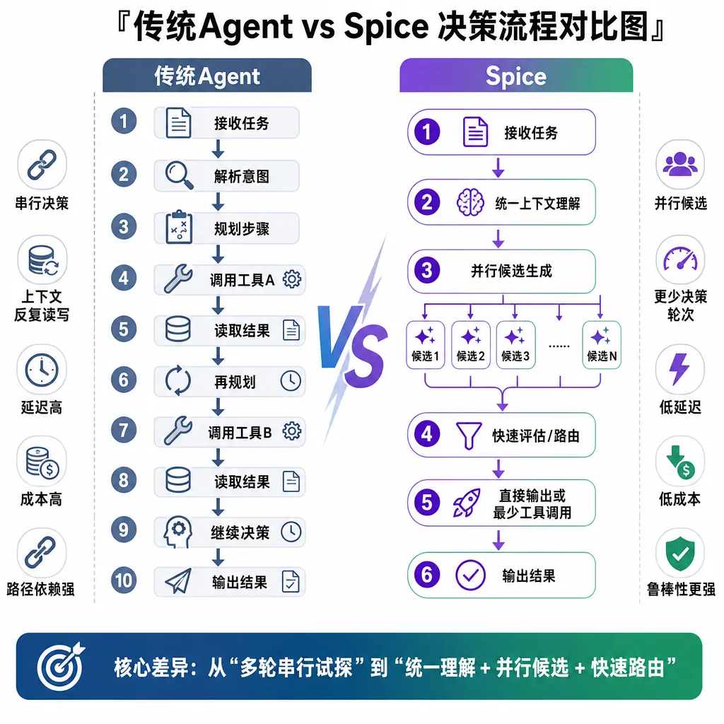 传统Agent vs Spice决策流程对比图