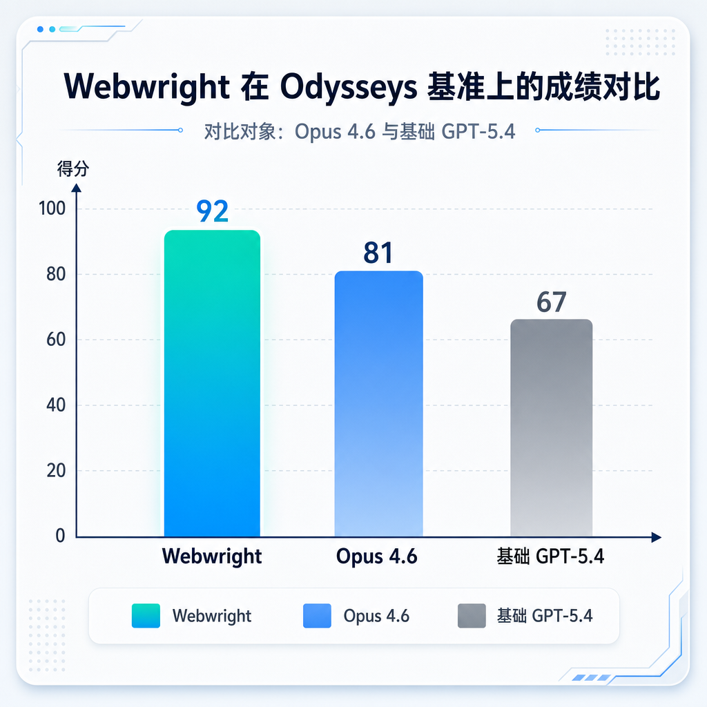 Webwright 在 Odysseys 基准上的成绩对比柱状图,展示与 Opus 4.6 和基础 GPT-5.4 的对比