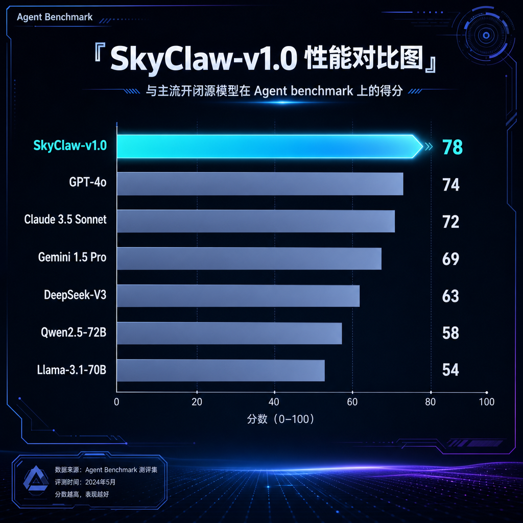 SkyClaw-v1.0 性能对比图,与主流开闭源模型在 Agent benchmark 上的得分
