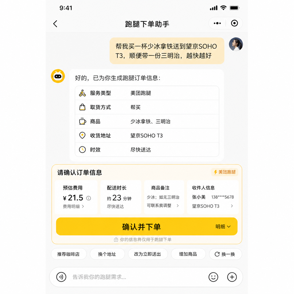 用户通过 AI 助手用自然语言下单美团跑腿的界面截图