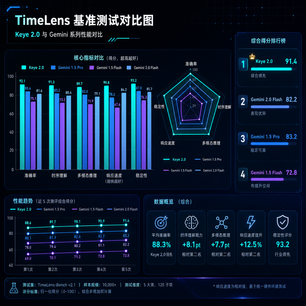 TimeLens 基准测试对比图,展示 Keye 2.0 与 Gemini 系列的性能对比