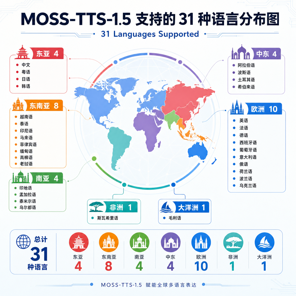 MOSS-TTS-1.5 支持的 31 种语言分布图