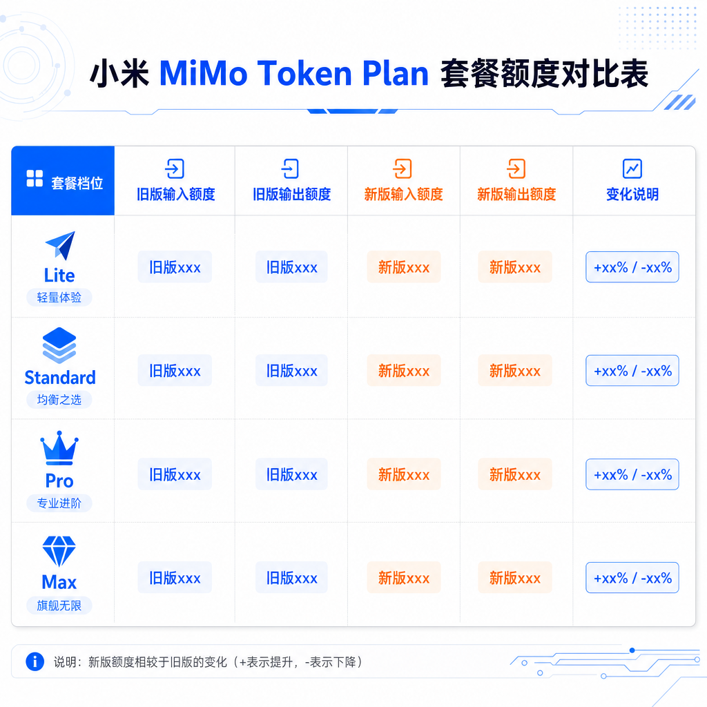 小米 MiMo Token Plan 套餐额度对比表,展示 Lite/Standard/Pro/Max 四档从旧版到新版的额度变化