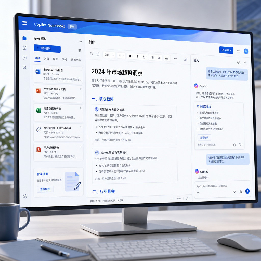 Microsoft 365 Copilot Notebooks 新版界面,聊天、创作与参考资料整合在同一视图