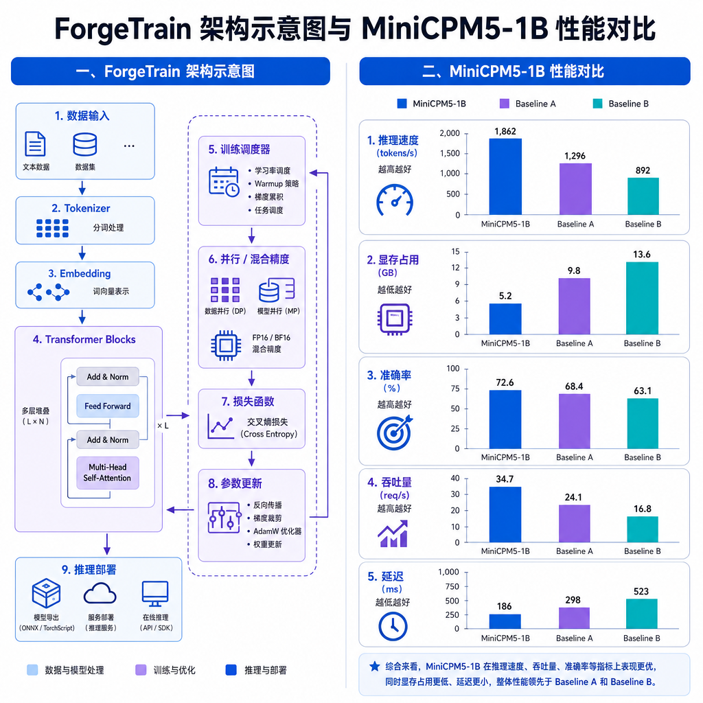 ForgeTrain 架构示意图与 MiniCPM5-1B 性能对比