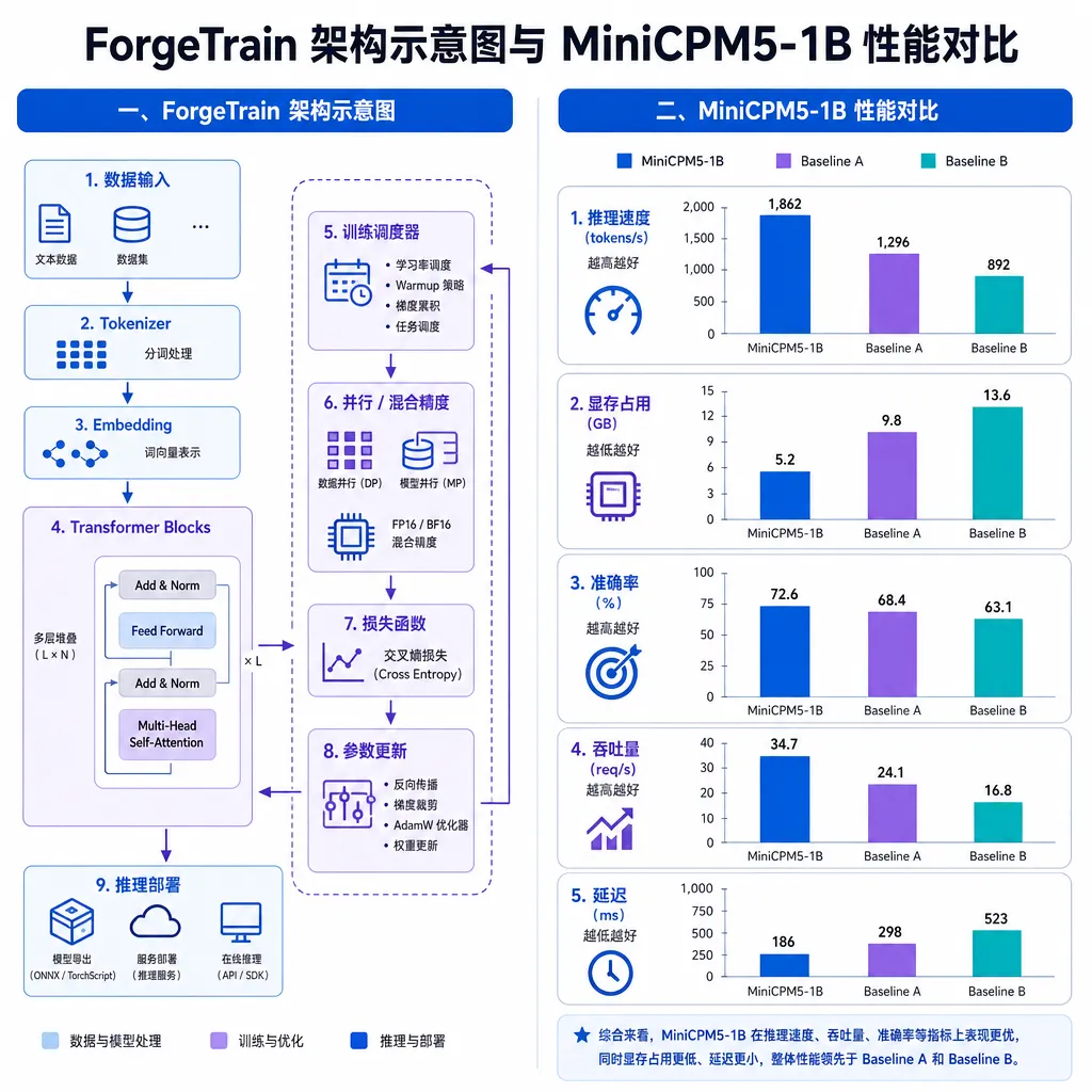 ForgeTrain 架构示意图与 MiniCPM5-1B 性能对比