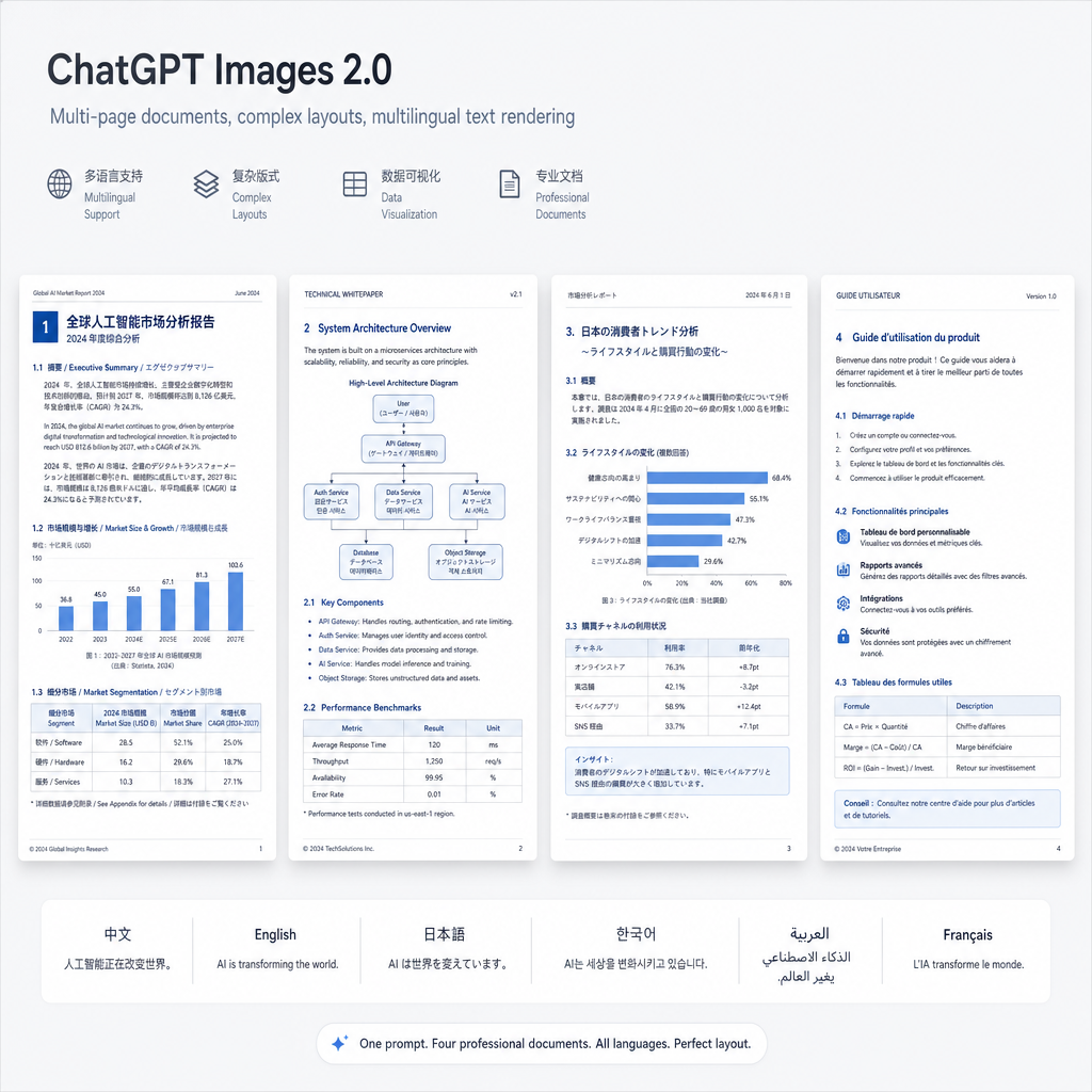 ChatGPT Images 2.0 生成的多页文档示例,展示复杂排版和多语言文字渲染效果