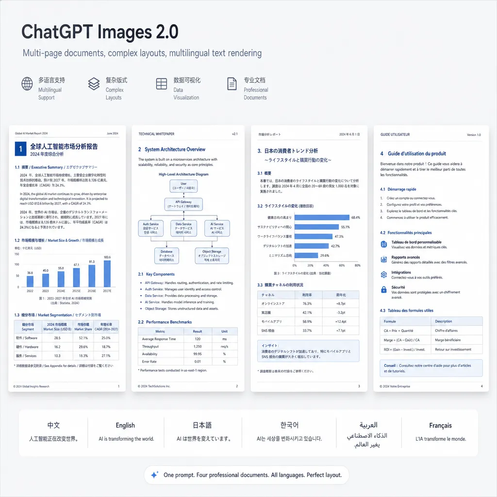 ChatGPT Images 2.0 生成的多页文档示例,展示复杂排版和多语言文字渲染效果