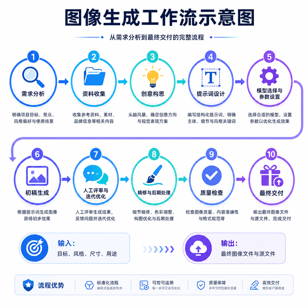 图像生成工作流示意图,展示从需求分析到最终交付的完整流程