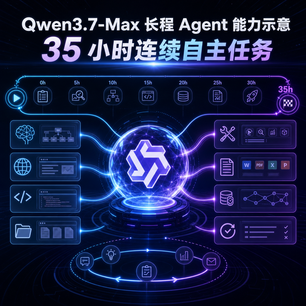 Qwen3.7-Max 长程 Agent 能力示意，35 小时连续自主任务