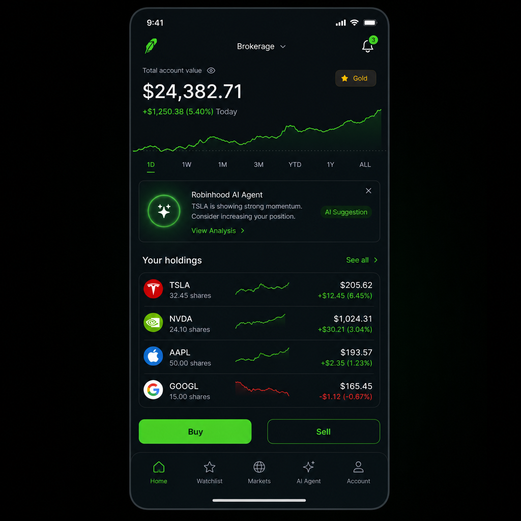 Robinhood AI Agent 交易账户界面示意图