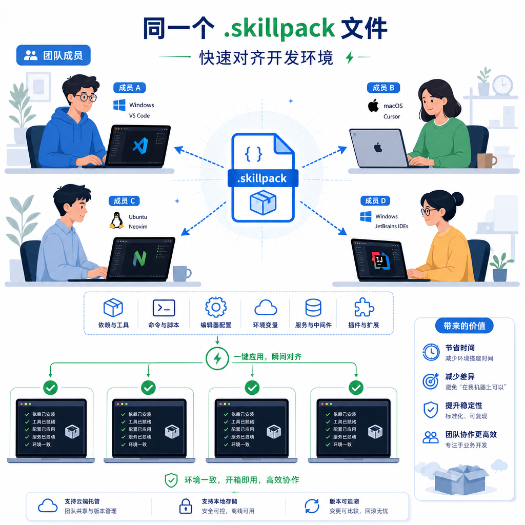 团队成员通过同一个 .skillpack 文件快速对齐开发环境的示意图