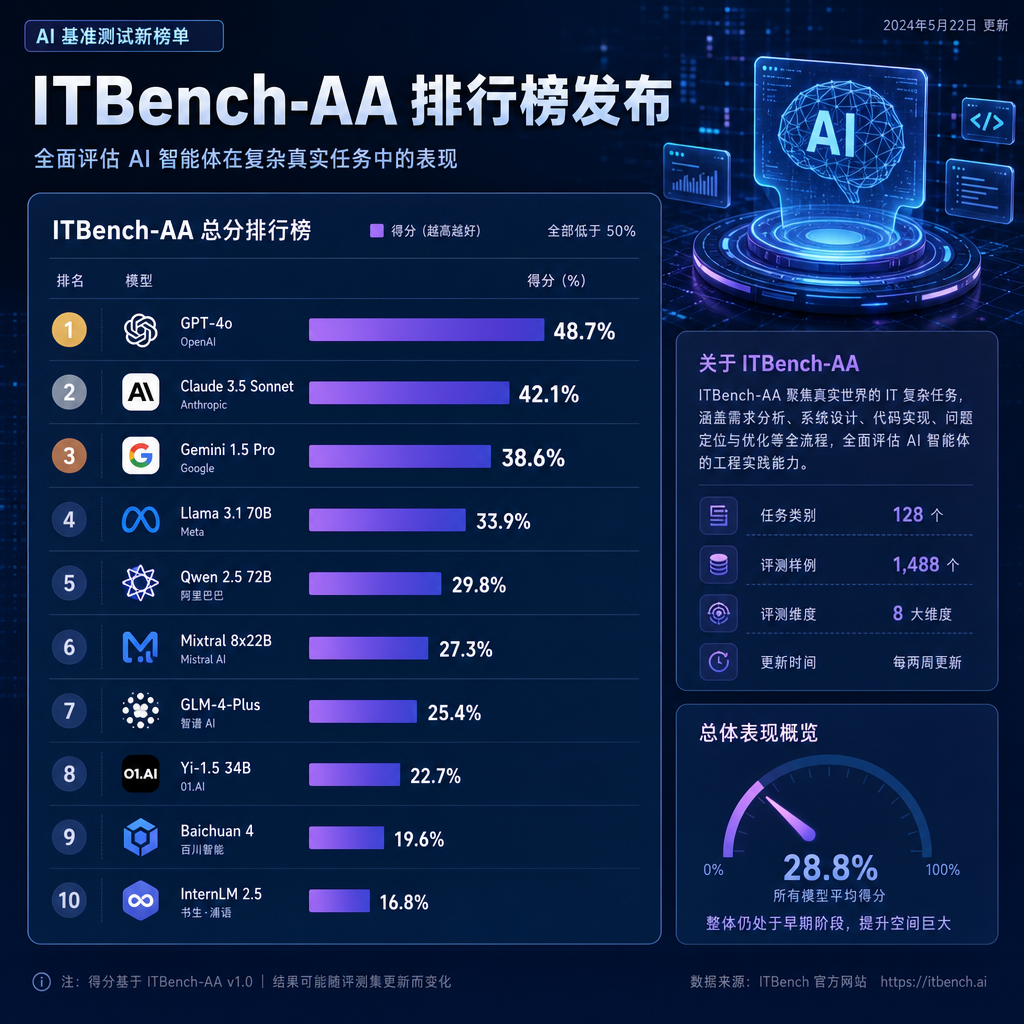 ITBench-AA 测评结果排行榜,前沿模型得分均低于50%
