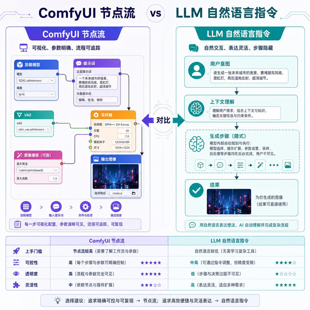 ComfyUI节点流与LLM自然语言指令的对比示意图