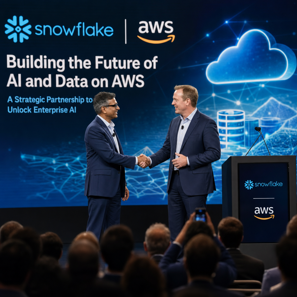 Snowflake CEO Sridhar Ramaswamy 与 AWS CEO Matt Garman 在合作发布会上的场景
