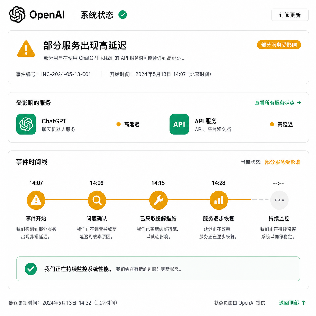 OpenAI 状态页面显示 ChatGPT 与 API 高延迟事件时间线