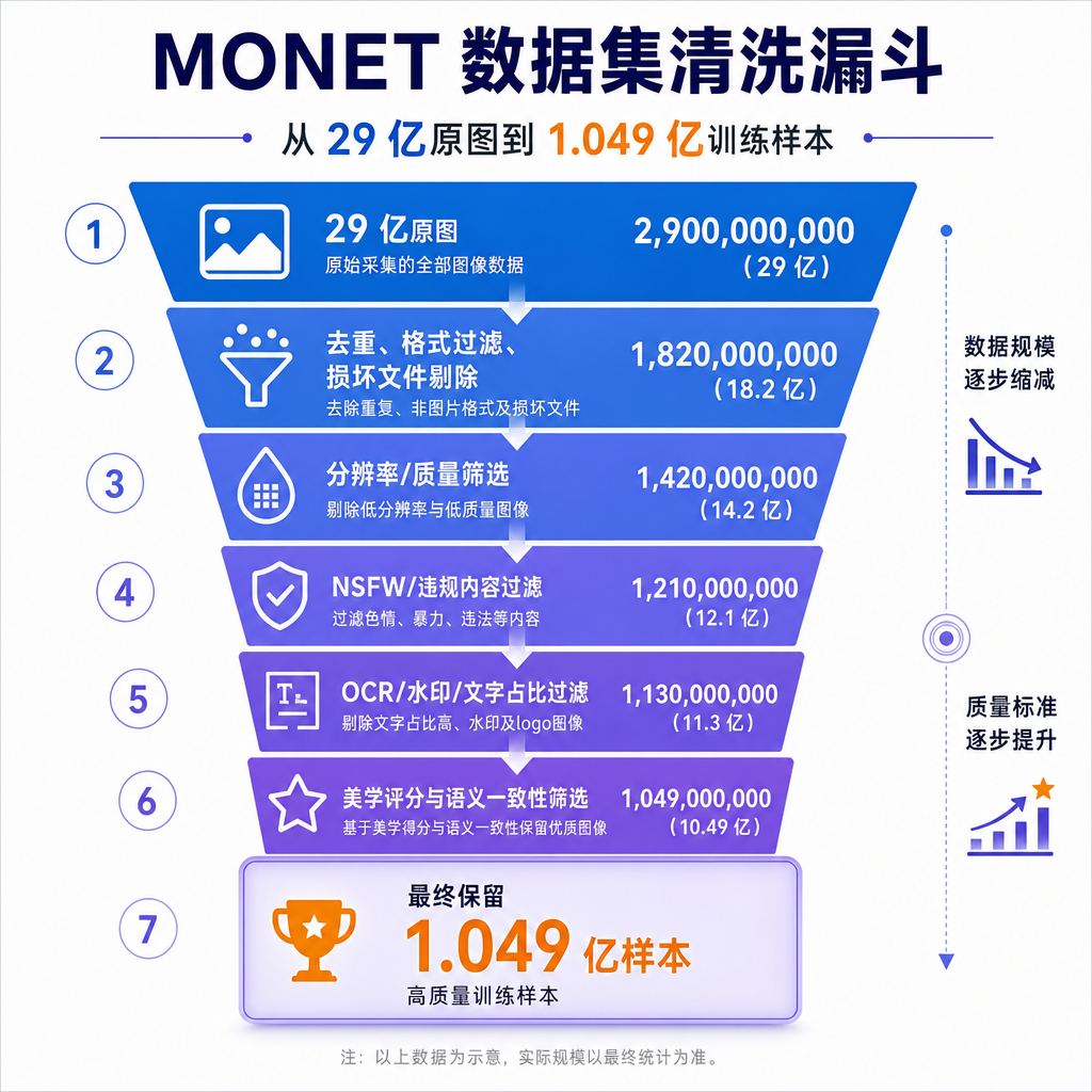 MONET 数据集从 29 亿原图到 1.049 亿样本的清洗漏斗示意