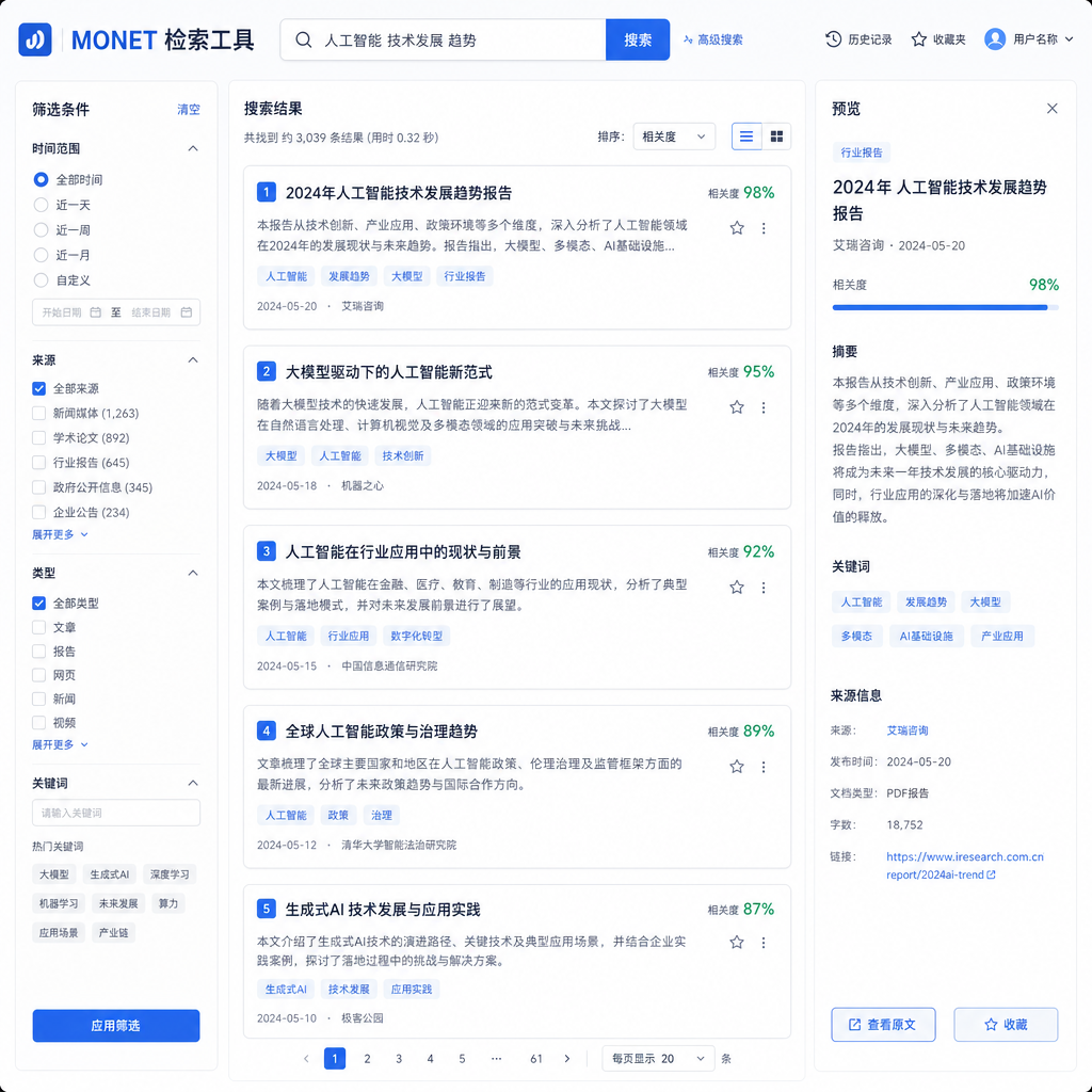 MONET 检索工具搜索结果示例界面