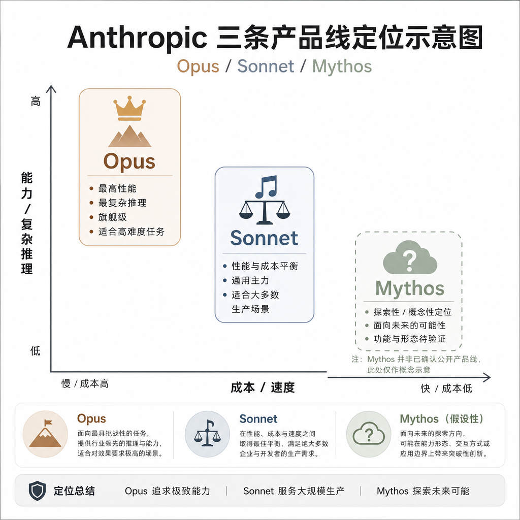 Anthropic 三条产品线 Opus / Sonnet / Mythos 的定位示意图