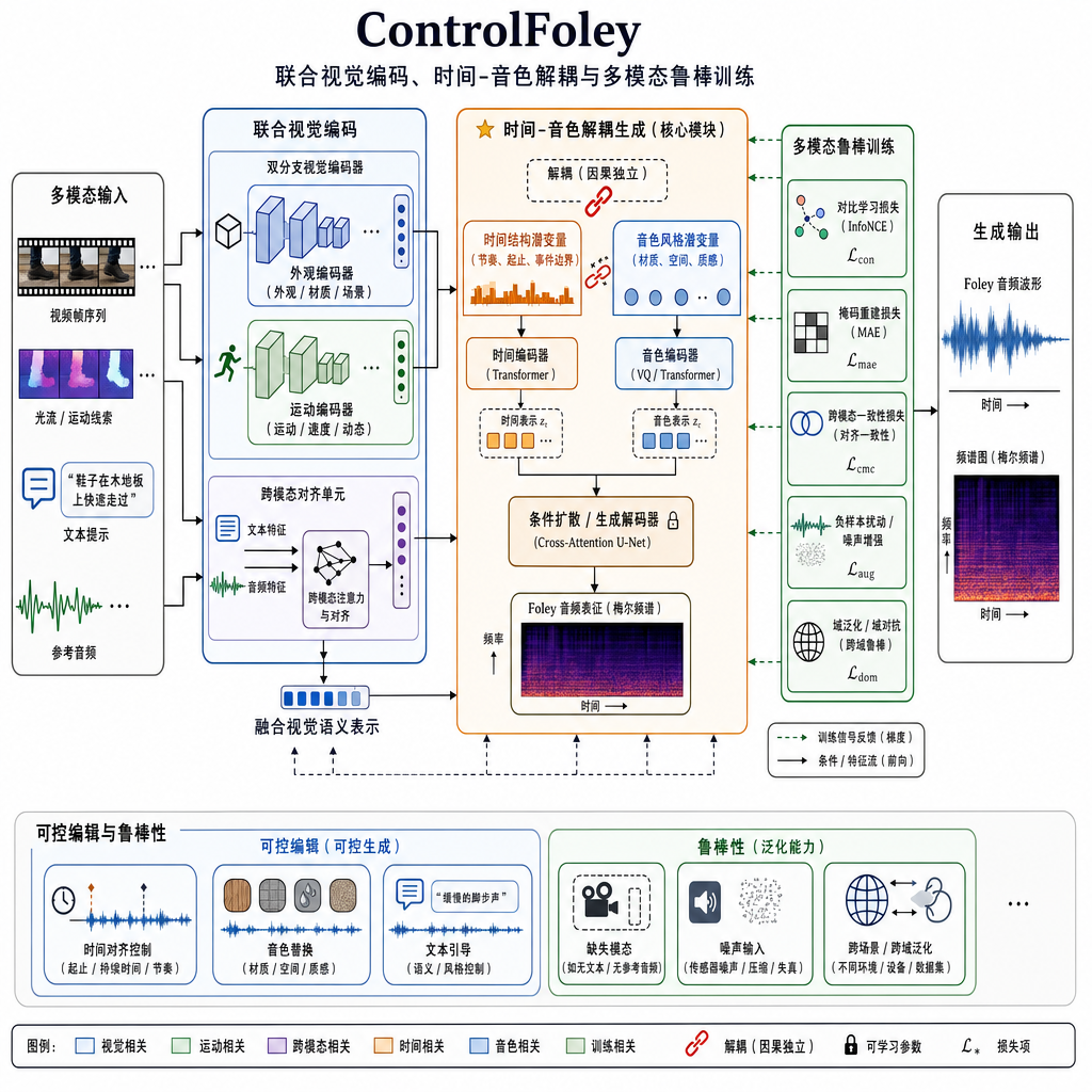 ControlFoley 模型架构图：联合视觉编码、时间-音色解耦与多模态鲁棒训练