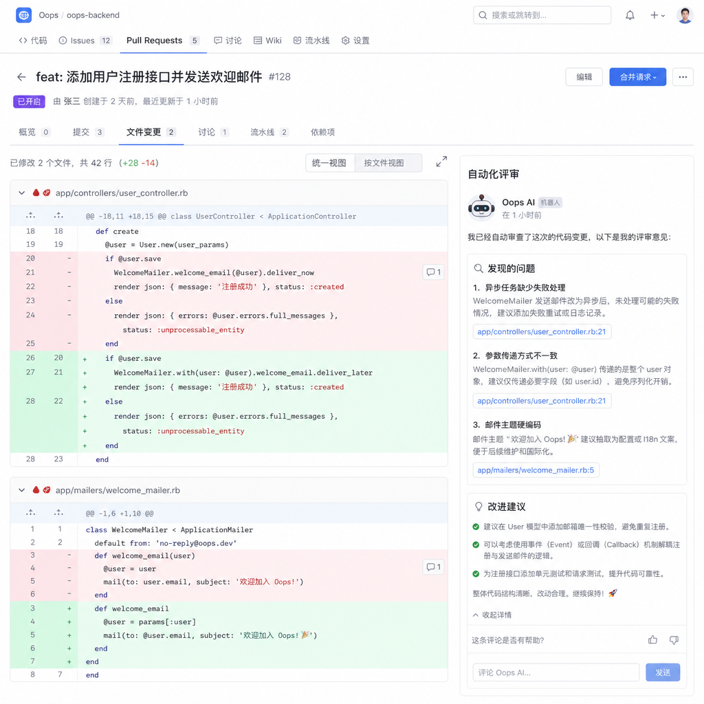 Oops 项目在 PR 上自动留下评审评论的截图