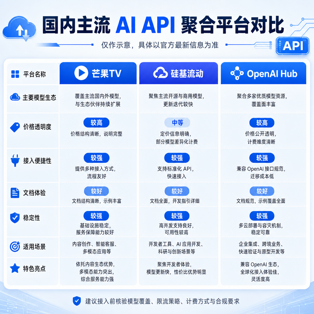 国内主流 AI API 聚合平台对比图,包括芒果TV、硅基流动、OpenAI Hub 等