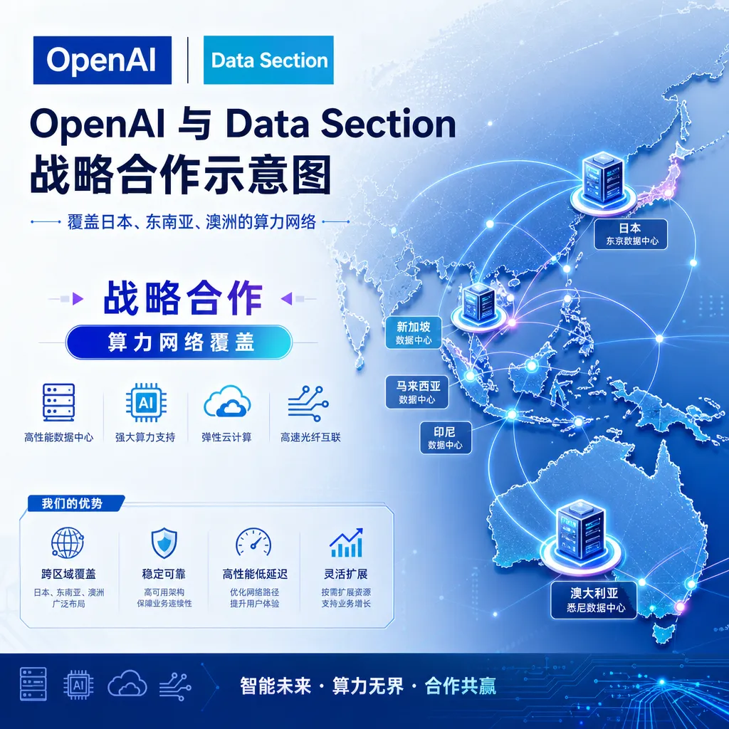 OpenAI 与 Data Section 战略合作示意图,覆盖日本、东南亚、澳洲的算力网络