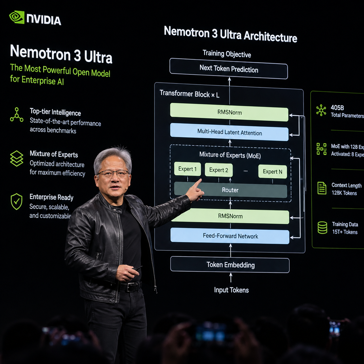 黄仁勋在发布会现场展示 Nemotron 3 Ultra 模型架构