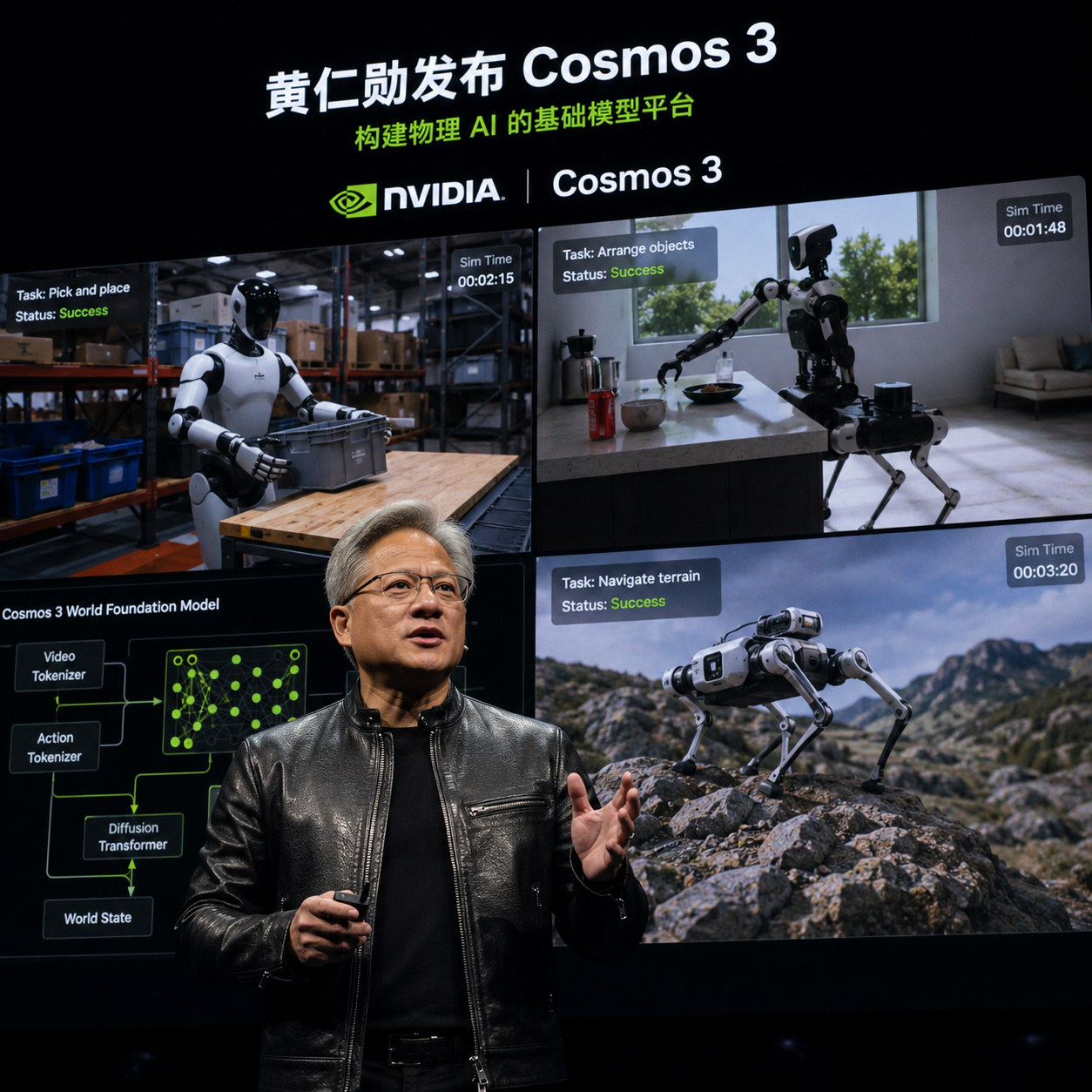 黄仁勋发布 Cosmos 3 现场,背景是机器人在虚拟环境中执行任务的演示画面