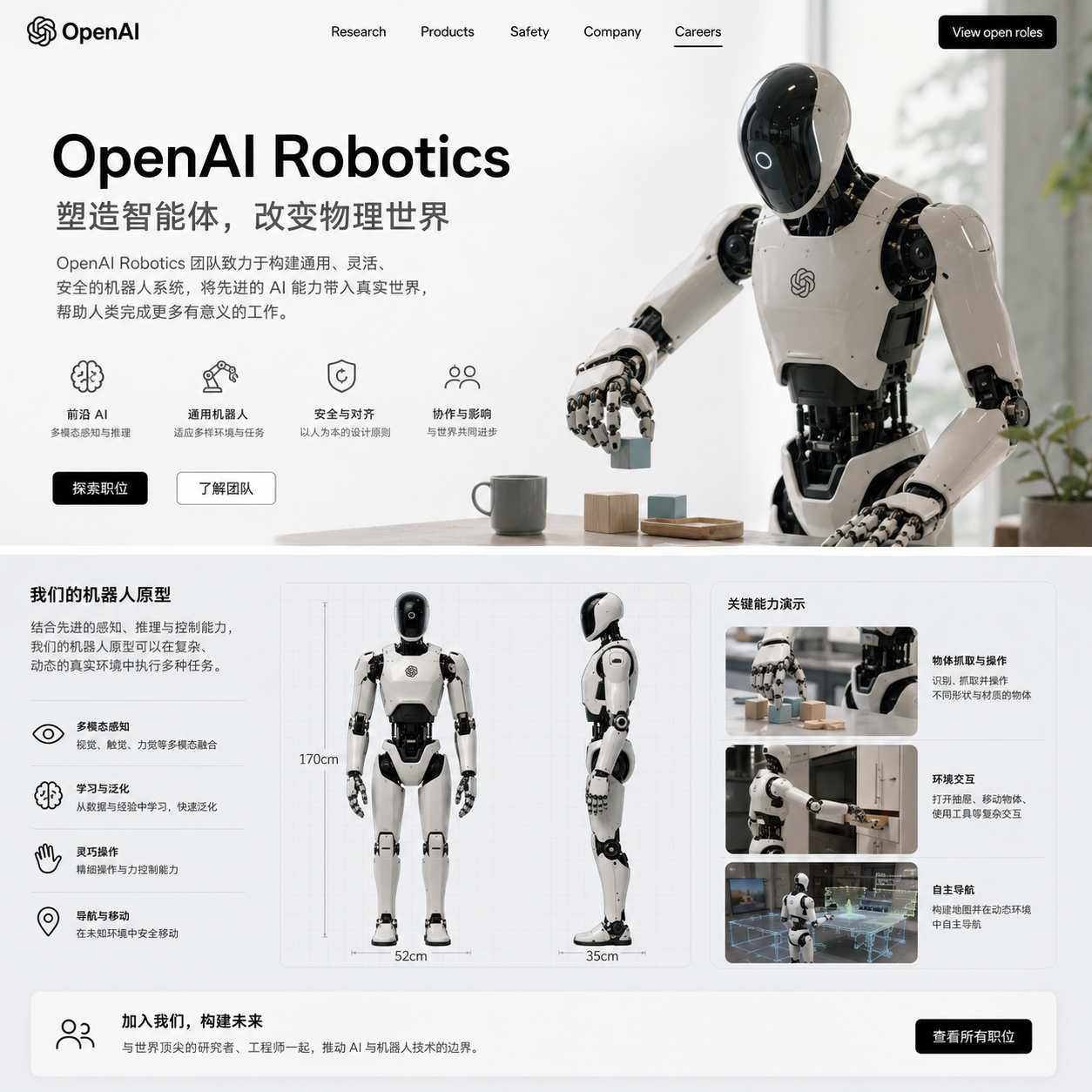 OpenAI Robotics 团队招聘页面与机器人原型示意