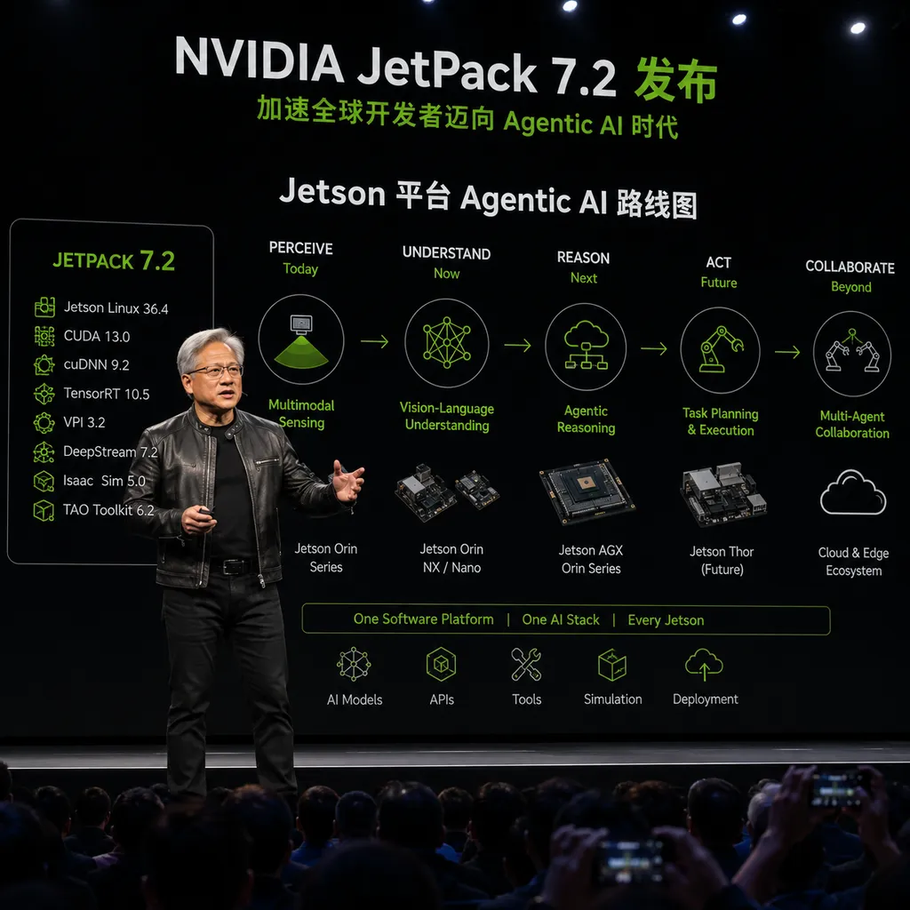 NVIDIA JetPack 7.2 launch where Jensen Huang presents the Jetson Agentic AI roadmap
