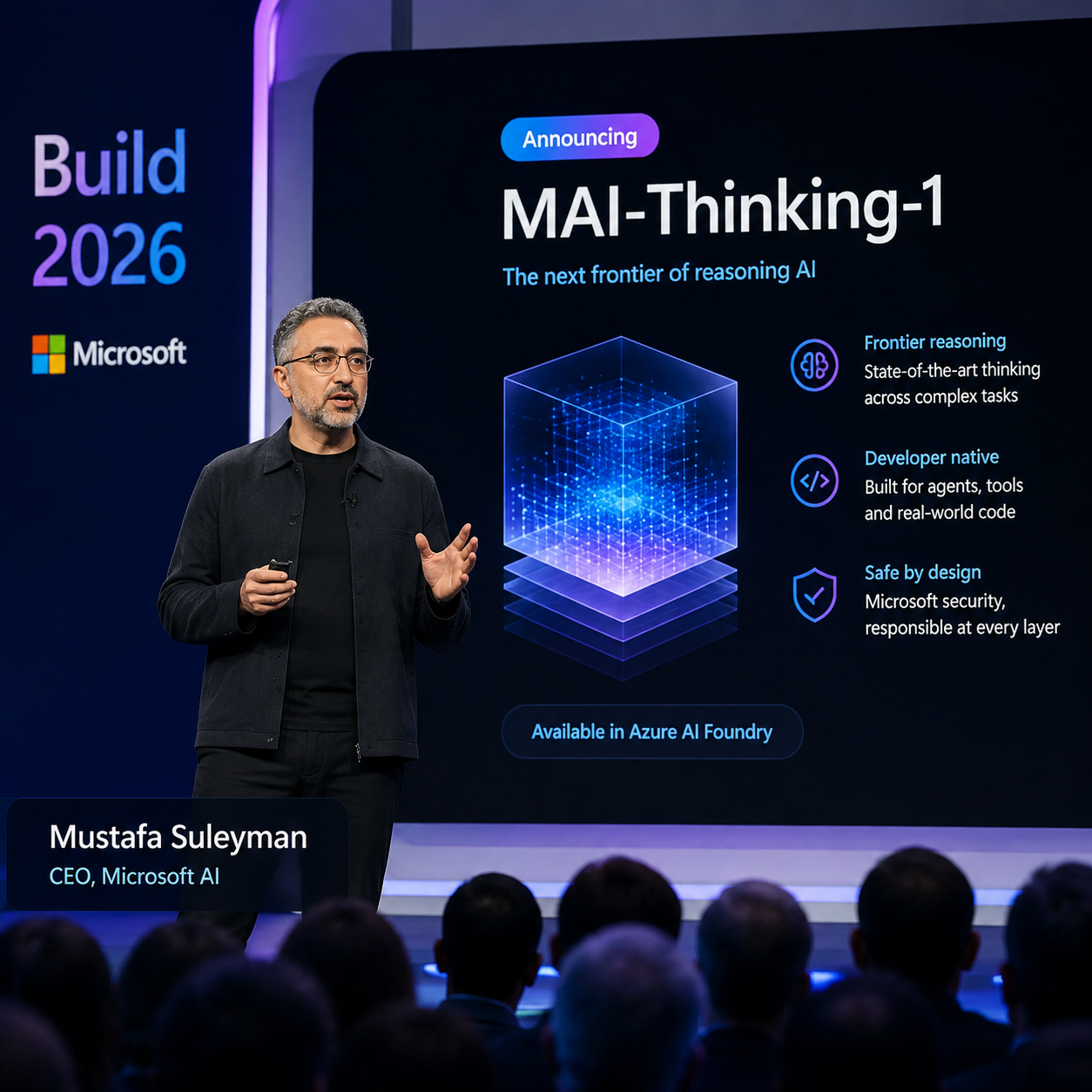 Mustafa Suleyman 在 Build 2026 主舞台展示 MAI-Thinking-1