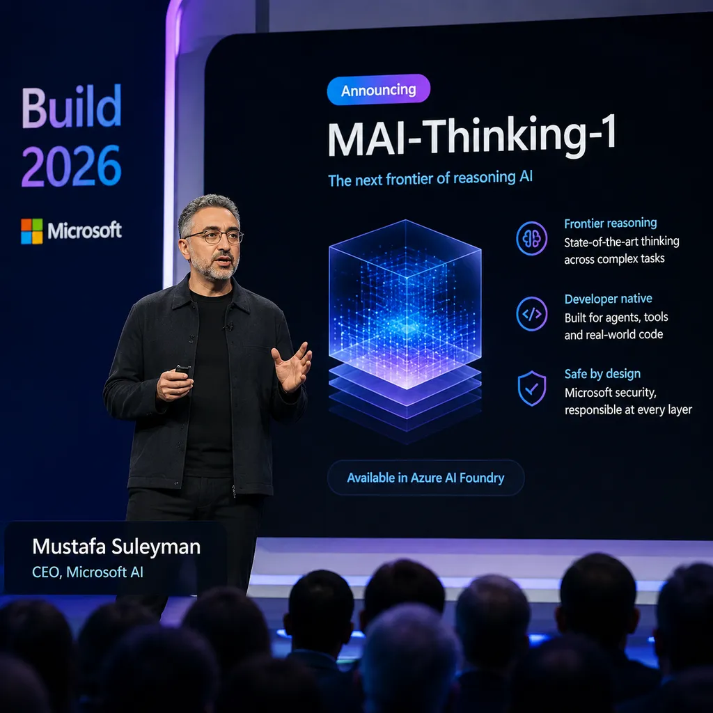 Mustafa Suleyman presenting MAI-Thinking-1 on the Build 2026 main stage