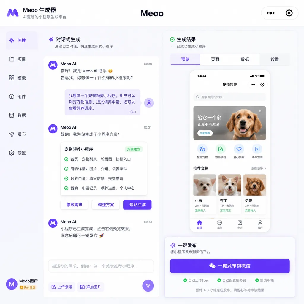 Screenshot of the Meoo WeChat Mini Program generation interface, showing conversational interaction and one-click publishing process