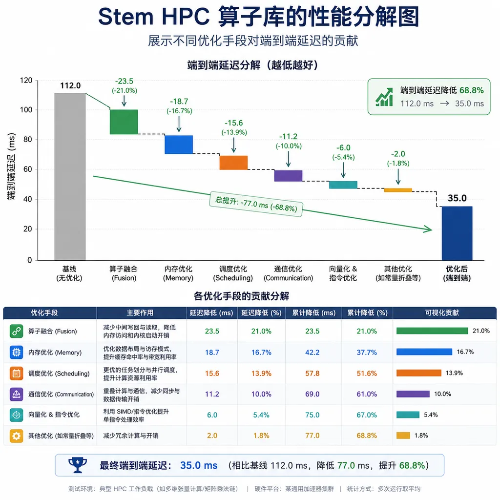 Performance breakdown diagram of the Stem HPC operator library, showing contributions of different optimization methods to end-to-end latency reduction