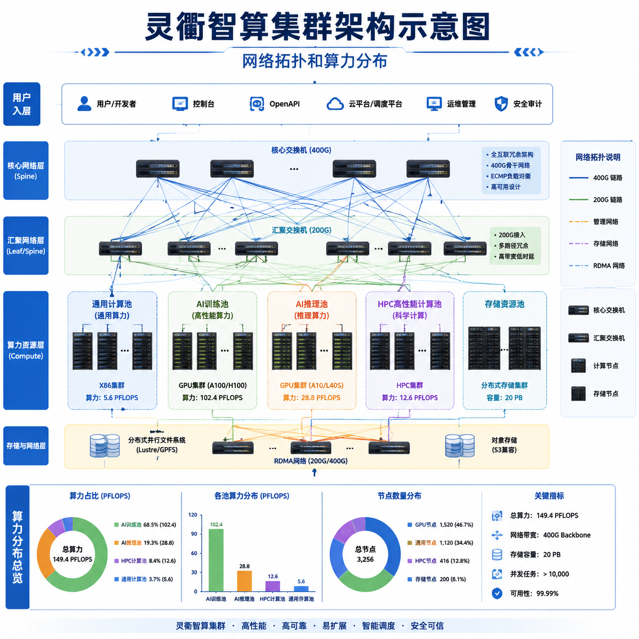 灵衢智算集群架构示意图,标注网络拓扑和算力分布