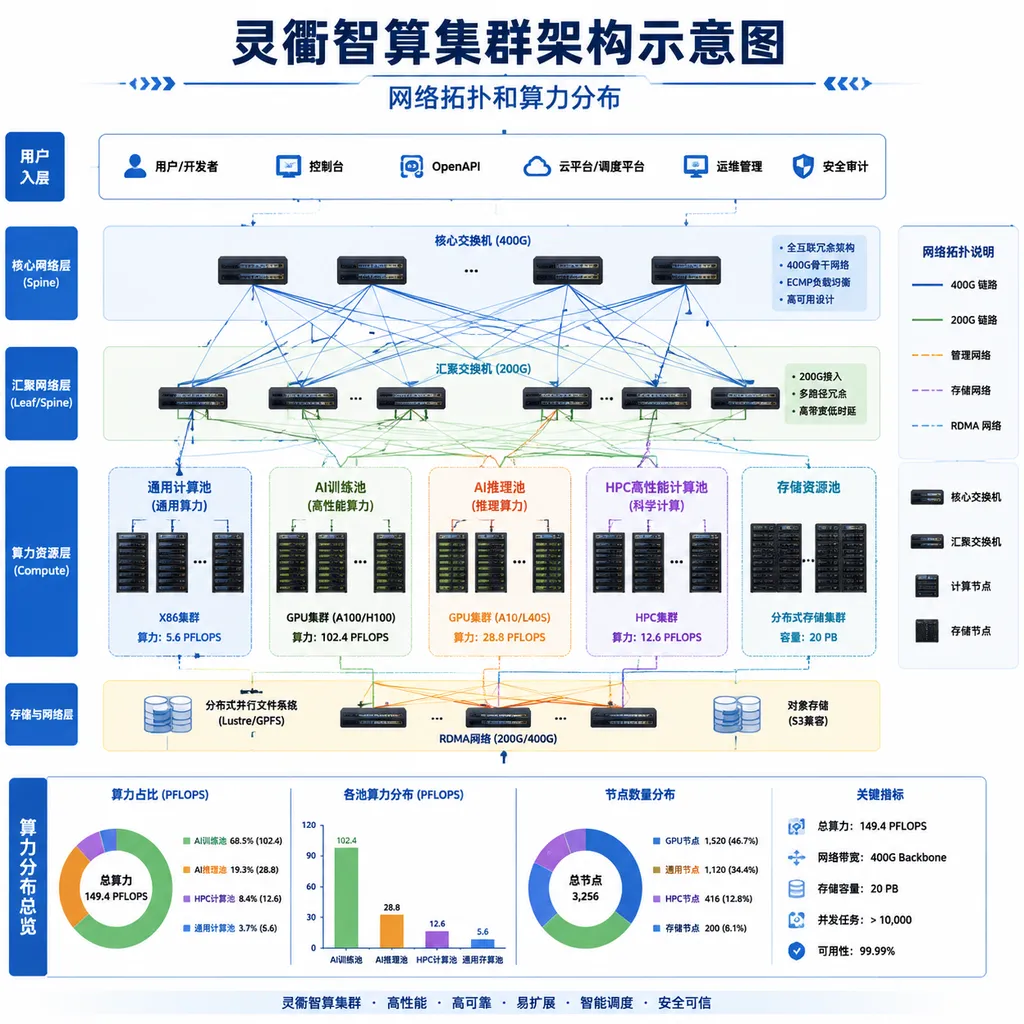 Lingqu computing cluster architecture diagram, network topology and compute distribution annotated