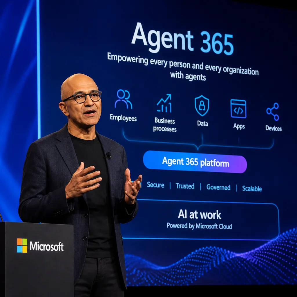 Microsoft CEO Satya Nadella speaking at a company event, background introducing Agent 365